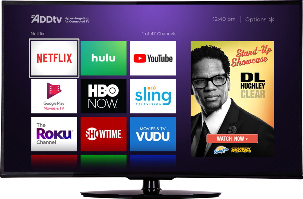 Illustration of the APPcelerate website depicting a television with programmatic advertising for different channels: netflix, hulu, youTube.