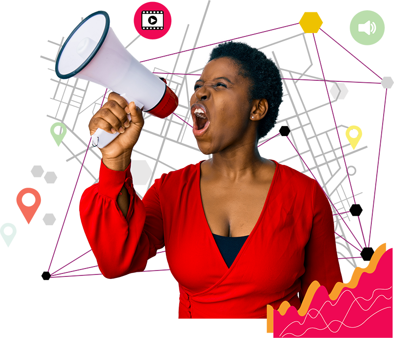 Ilustración de portada de una señora de color gritando en un megáfono sobre una mapa de conexiones digitales