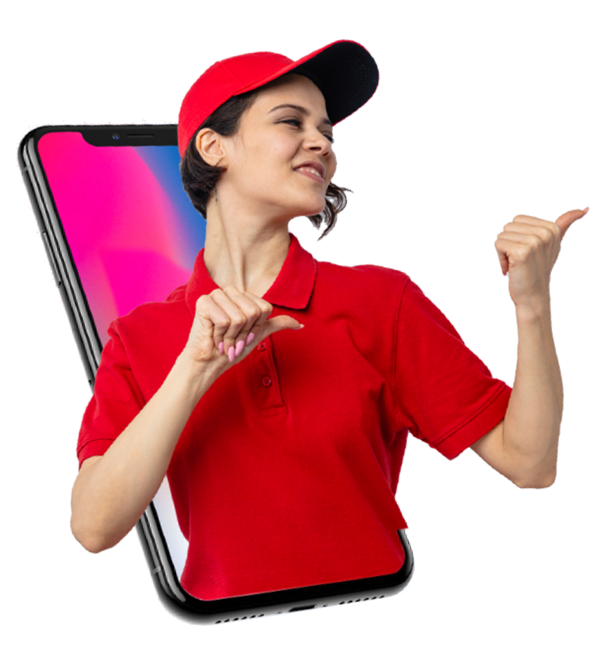 Ilustración de una chica dentro de un móvil haciendo el gesto de ok.