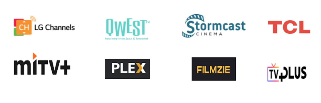 Logotipos de las empresas que brindan servicios premium a ADDTV: LG, Qwest, Stormcast, tcl, ples, filmzie