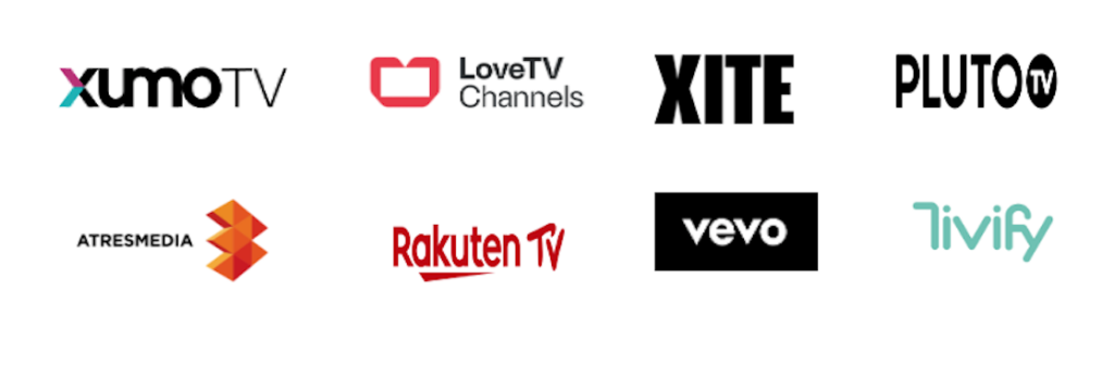 Logotipos de las empresas que brindan servicios premium a ADDTV: Pluto, xite, xumo, atresmedia