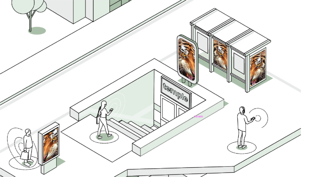 Illustration from the APPcelerate web site that represents the entrance to a subway station with digital screens and people with cell phones receiving publicity signals.
