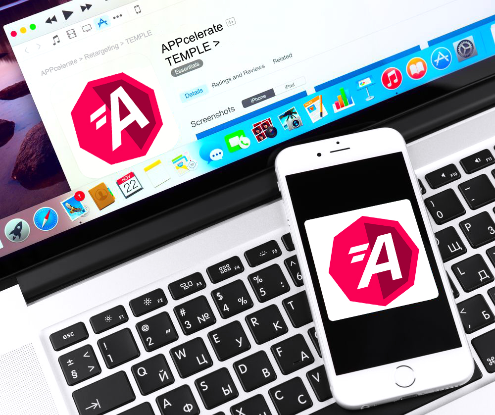 Temple, banner publicitario de una aplicación web y un tefóno móvil mostrando el logotipo de APPcelerate