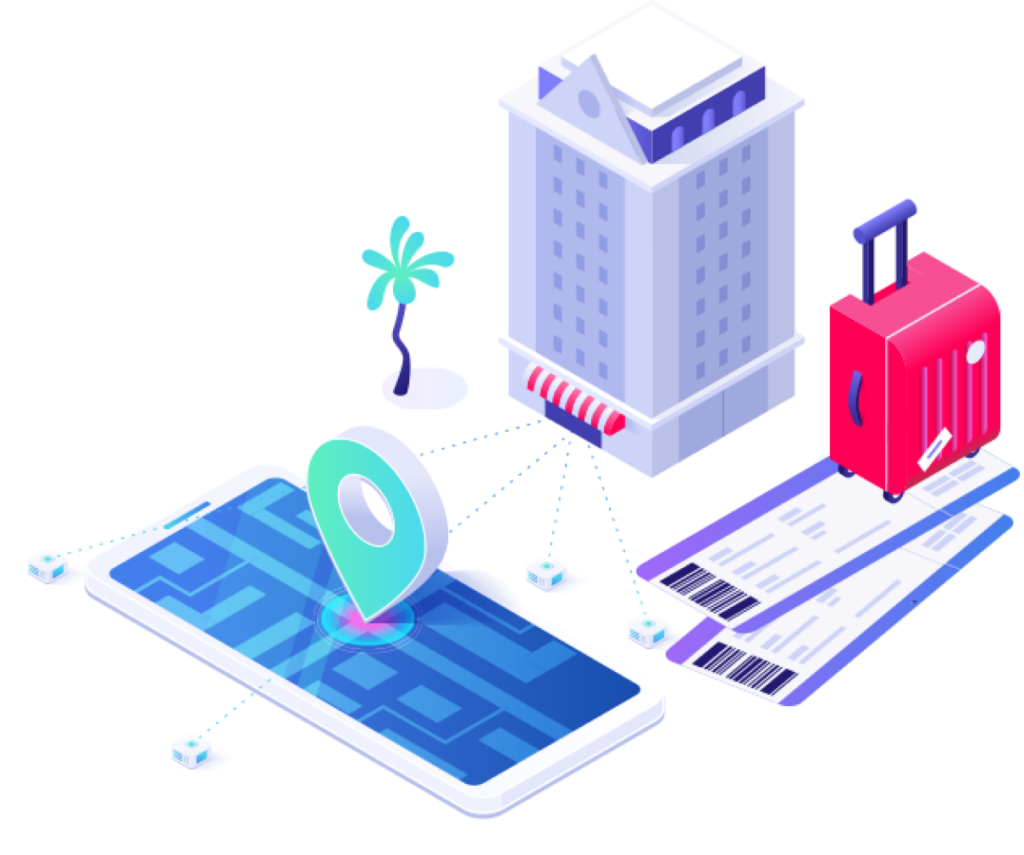 Illustration of the APPcelerate website depicting a cell phone, a hotel and a suitcase to illustrate the tourism section.